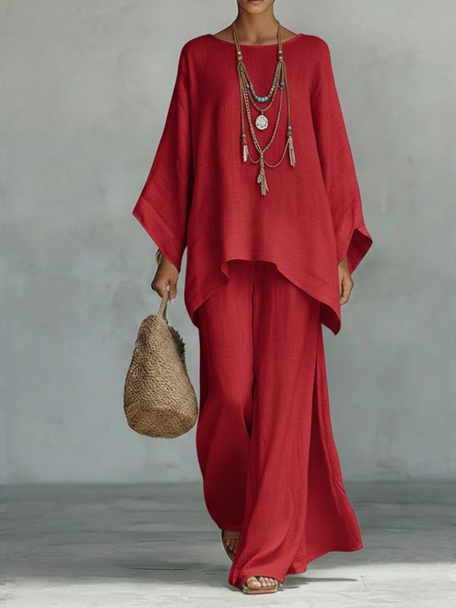 Women's Oversized Linen Batwing-Sleeve Top Wide-Leg Pants Set - Red