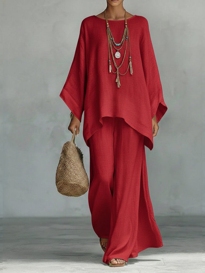 Women's Oversized Linen Batwing-Sleeve Top Wide-Leg Pants Set - Red