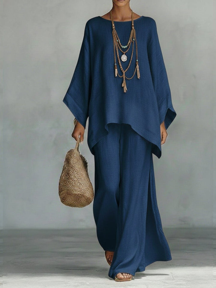Women's Oversized Linen Batwing-Sleeve Top Wide-Leg Pants Set - Navy Blue