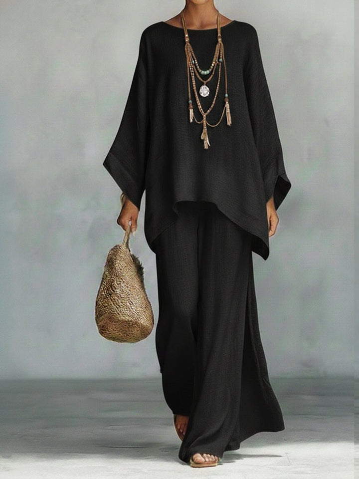 Women's Oversized Linen Batwing-Sleeve Top Wide-Leg Pants Set - Black