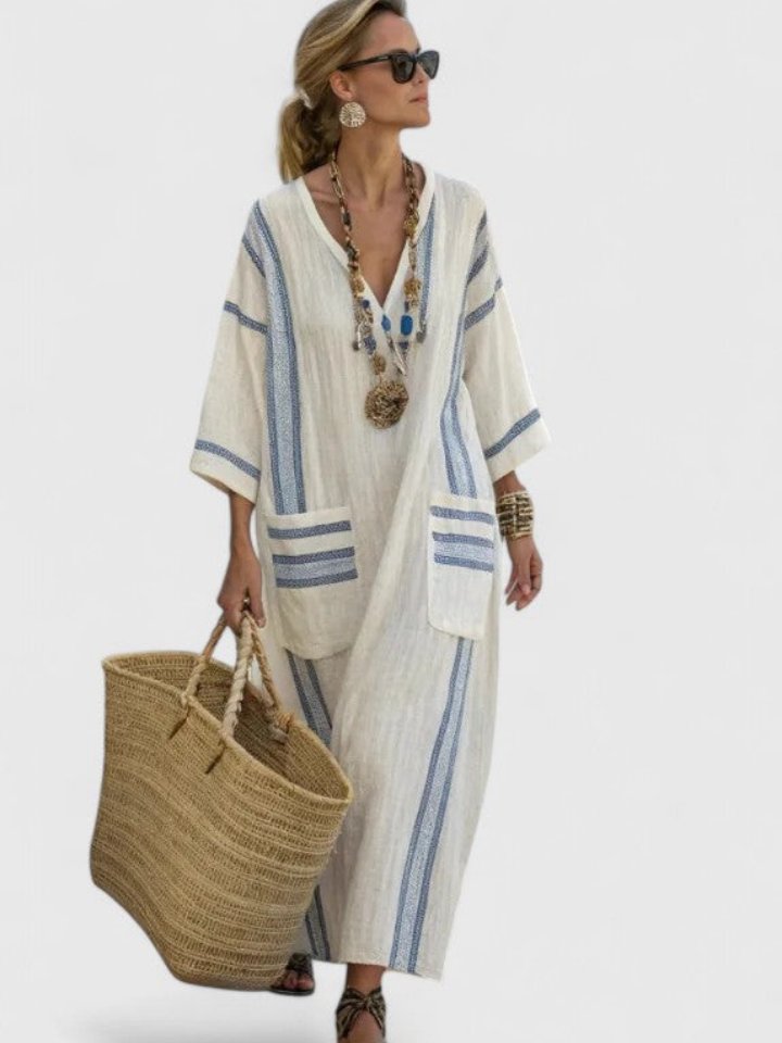 Women's Oversized Linen Stripe-Trim V-Neck Boho Maxi Dress - White 3