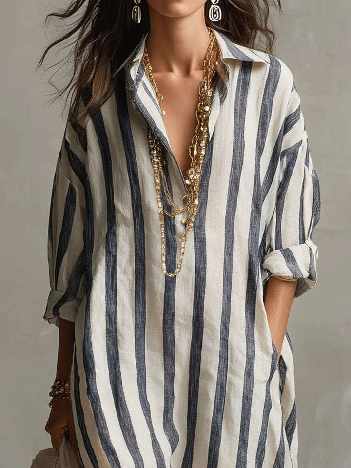 Women's Oversized Linen Striped Shirt Maxi Dress