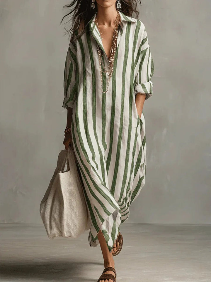 Women's Oversized Linen Striped Shirt Maxi Dress - Green