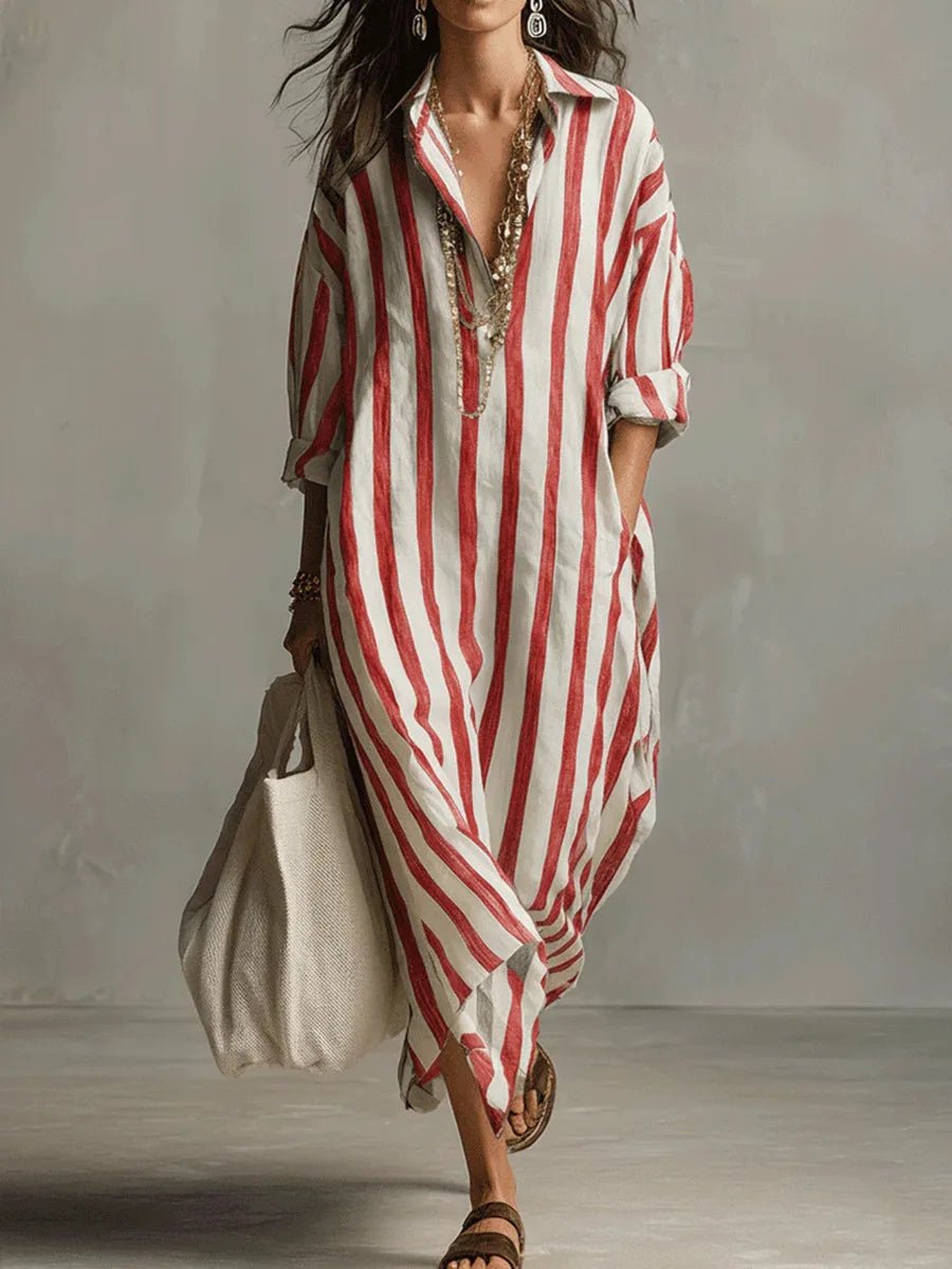 Women's Oversized Linen Striped Shirt Maxi Dress - Red