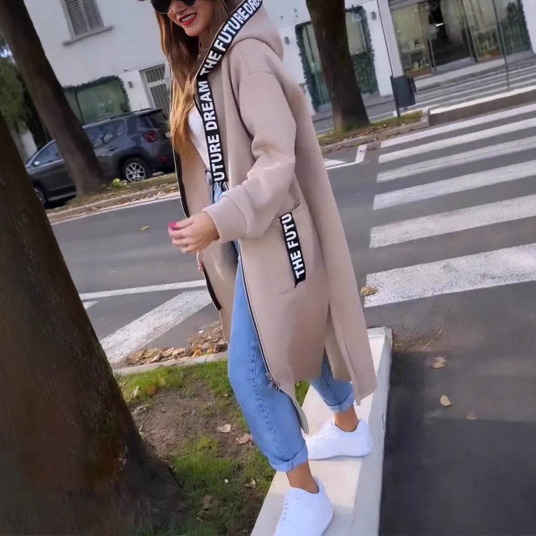 Women's Oversized Long Hoodie Coat Relaxed Zip-Up Outerwear - Beige