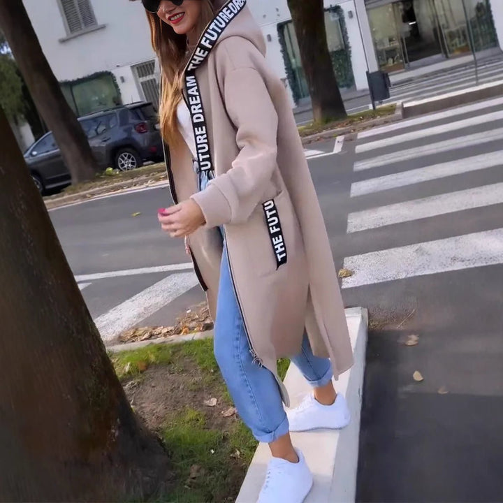 Women's Oversized Long Hoodie Coat Relaxed Zip-Up Outerwear - Beige