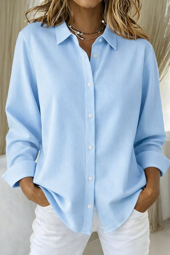 Women's Oversized Long-Sleeve Button-Down Collared Shirt Blouse - Blue