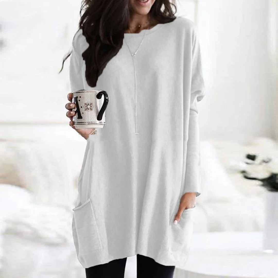 Women's Oversized Long Sleeve Pocket Tunic Top - Weiß