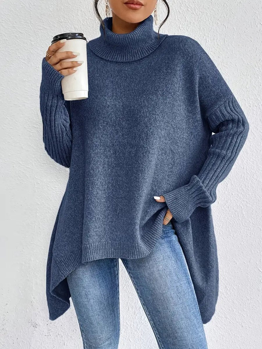 Women's Oversized Long Turtleneck Sweater Ribbed Cuff High-Low Hem - Ocean Blue