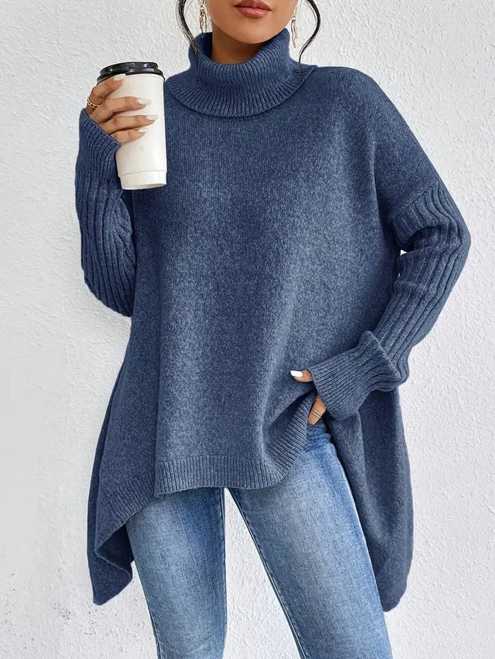 Women's Oversized Long Turtleneck Sweater Ribbed Cuff High-Low Hem - Ocean Blue