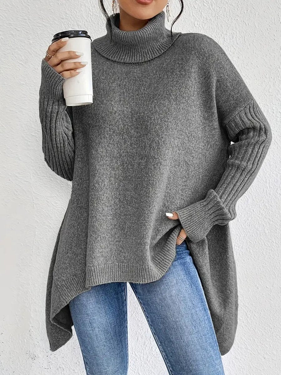 Women's Oversized Long Turtleneck Sweater Ribbed Cuff High-Low Hem - Stone Gray