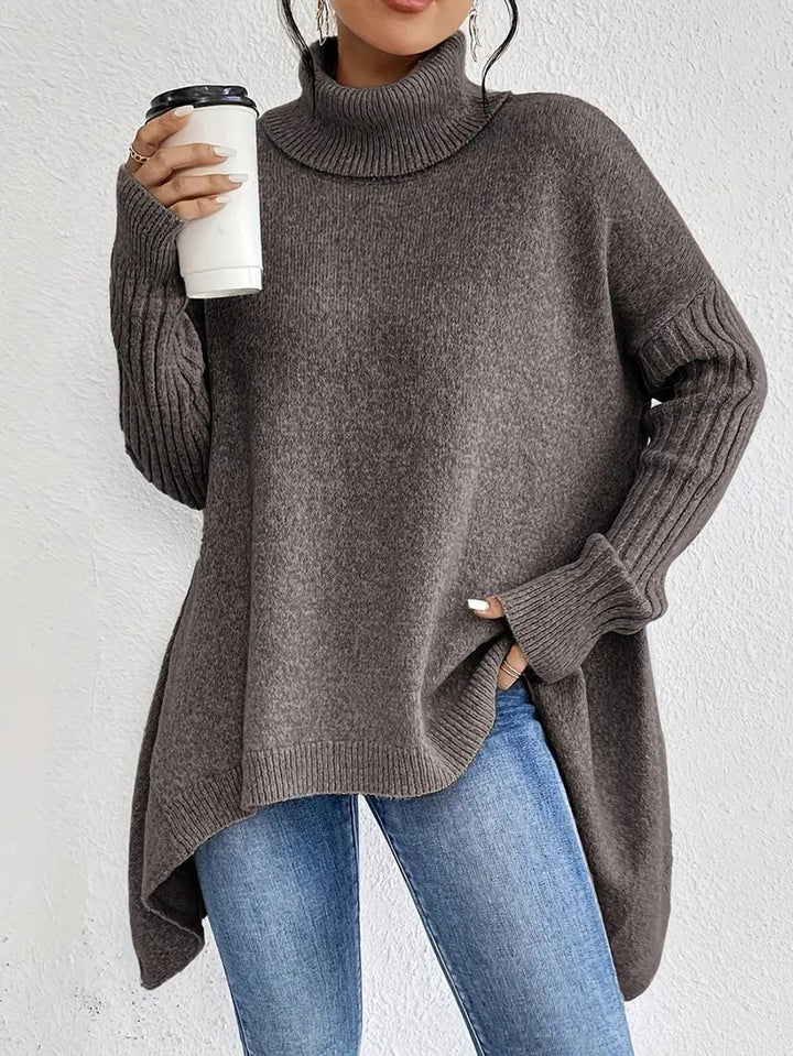 Women's Oversized Long Turtleneck Sweater Ribbed Cuff High-Low Hem - Espresso Brown