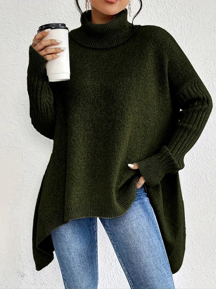 Women's Oversized Long Turtleneck Sweater Ribbed Cuff High-Low Hem - Pine Green
