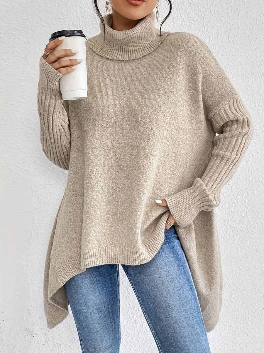 Women's Oversized Long Turtleneck Sweater Ribbed Cuff High-Low Hem - Desert Khaki