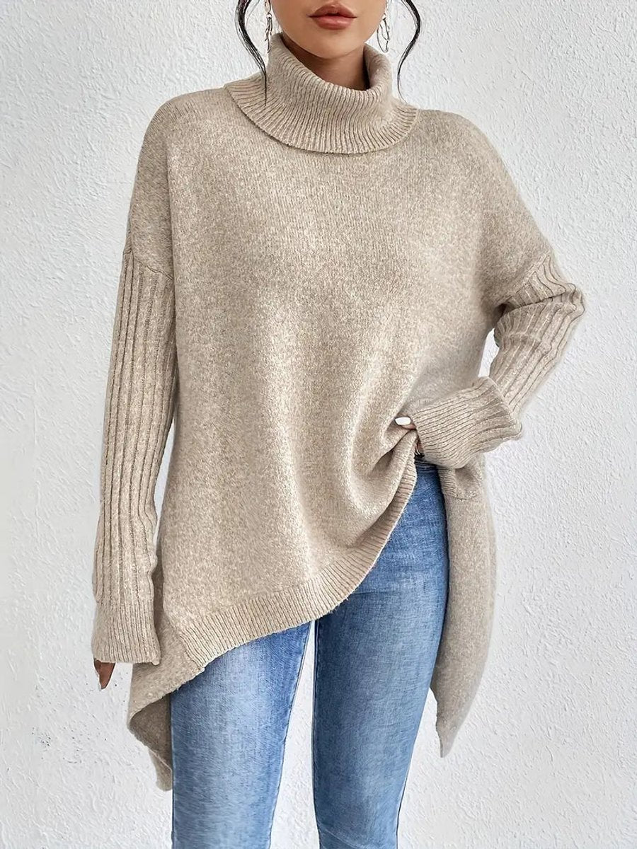 Women's Oversized Long Turtleneck Sweater Ribbed Cuff High-Low Hem