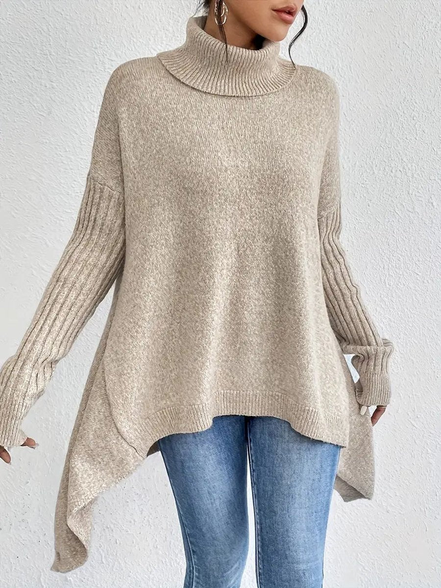 Women's Oversized Long Turtleneck Sweater Ribbed Cuff High-Low Hem