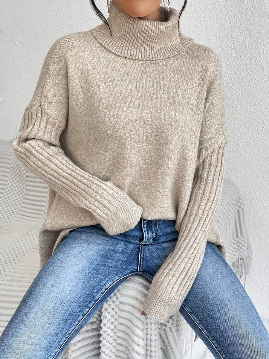 Women's Oversized Long Turtleneck Sweater Ribbed Cuff High-Low Hem