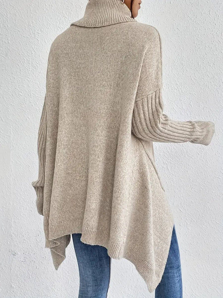 Women's Oversized Long Turtleneck Sweater Ribbed Cuff High-Low Hem