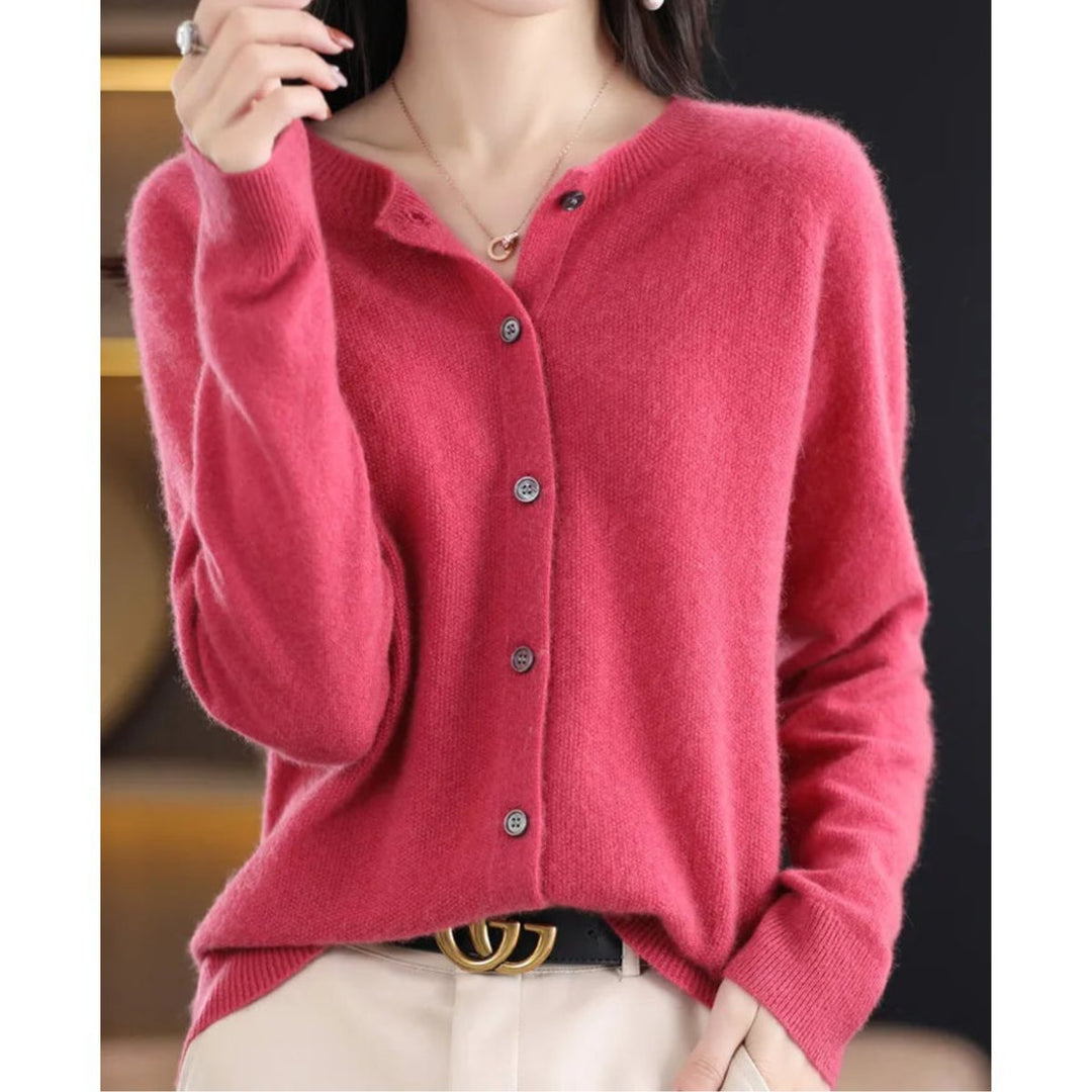 Women's Oversized Merino Wool Button-Up Knit Cardigan - Dark Pink