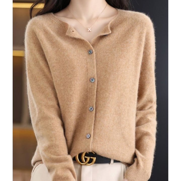 Women's Oversized Merino Wool Button-Up Knit Cardigan - Light Brown