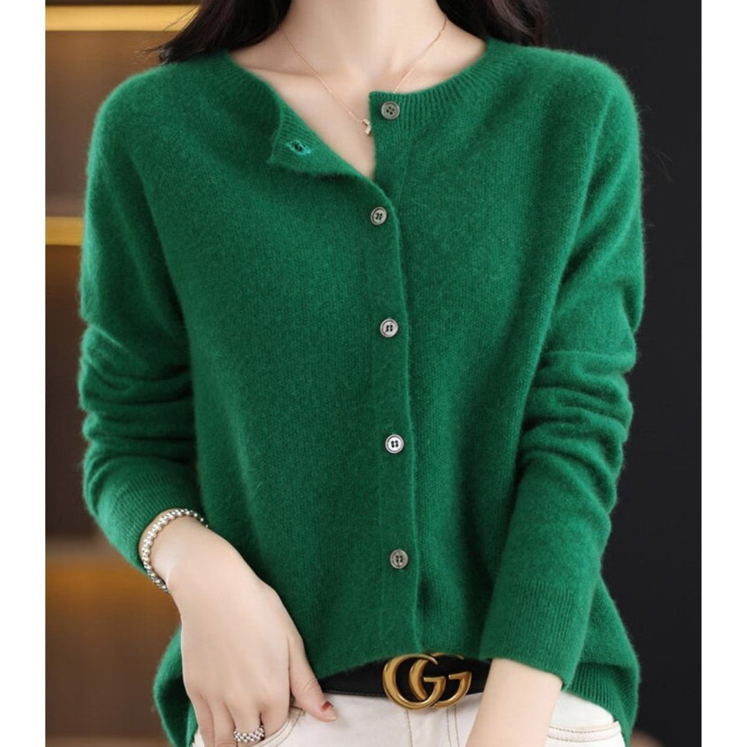 Women's Oversized Merino Wool Button-Up Knit Cardigan - Dark Green