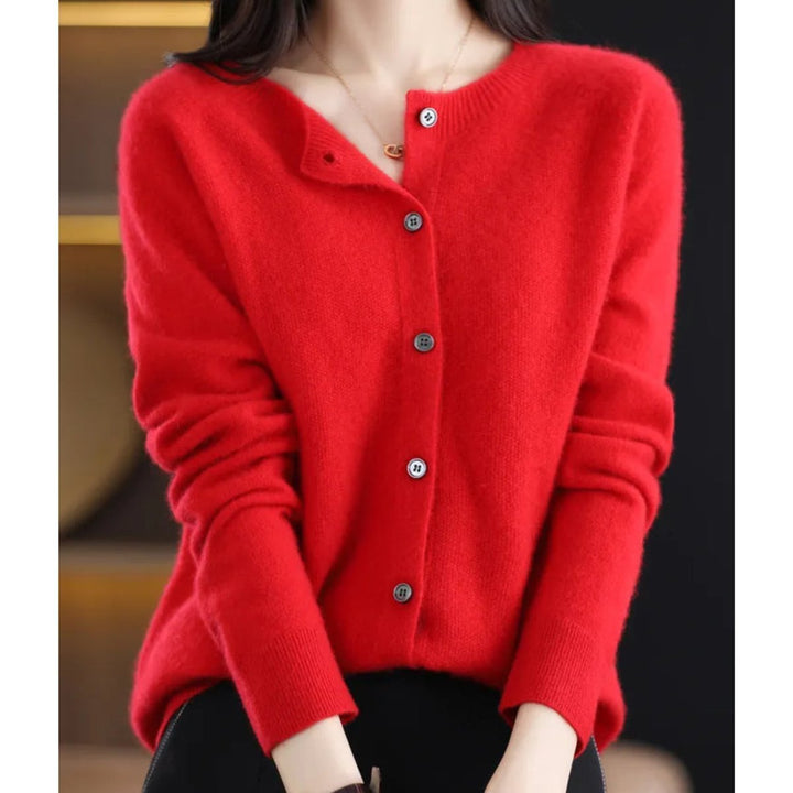 Women's Oversized Merino Wool Button-Up Knit Cardigan - Red