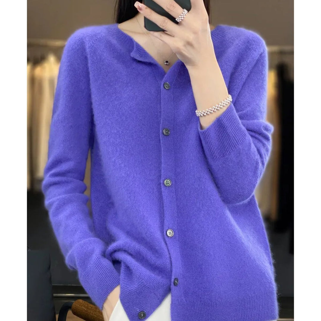 Women's Oversized Merino Wool Button-Up Knit Cardigan - Dark Blue