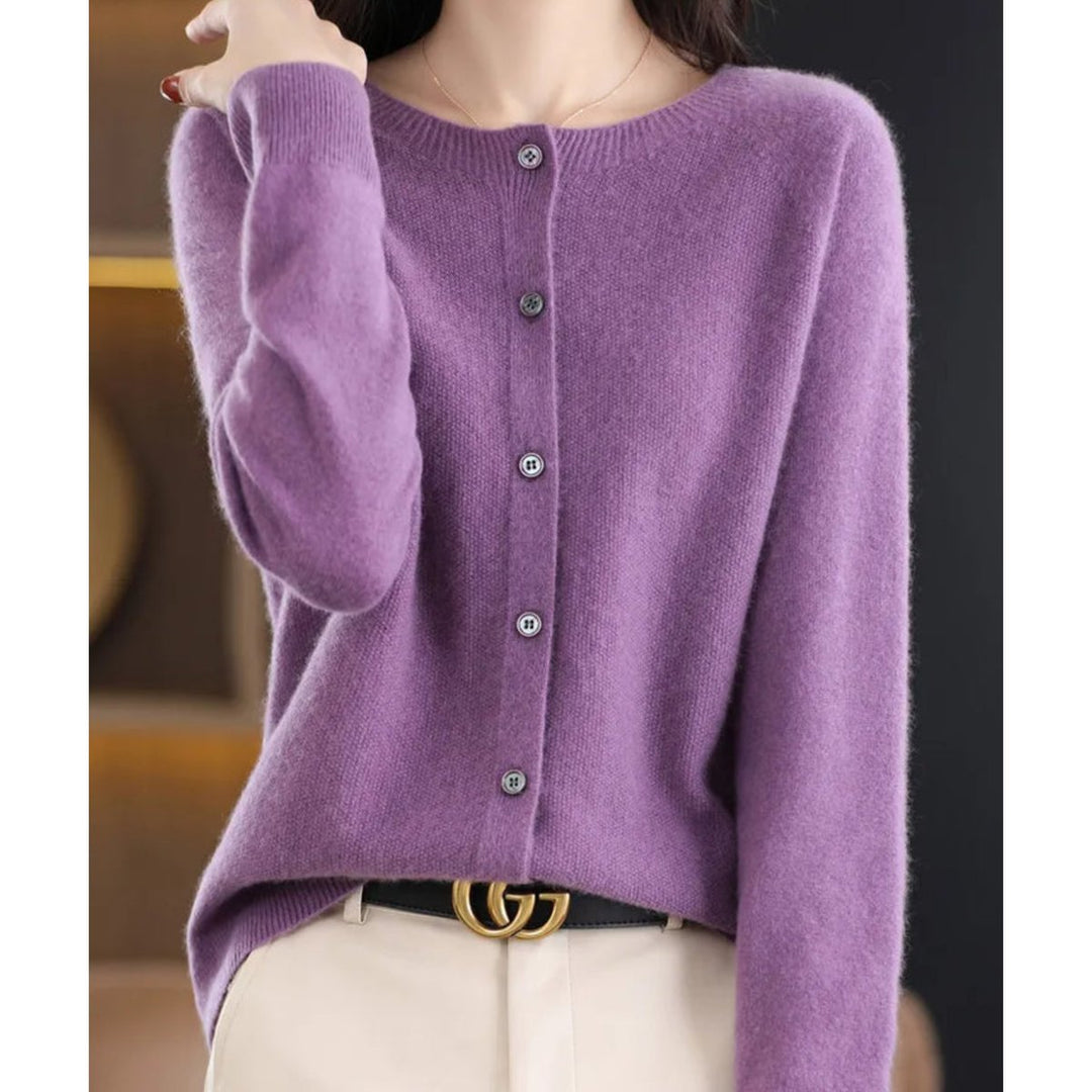 Women's Oversized Merino Wool Button-Up Knit Cardigan - Lilac