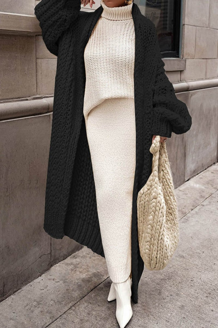 Women's Oversized Open-Front Longline Chunky Knit Cardigan - Black