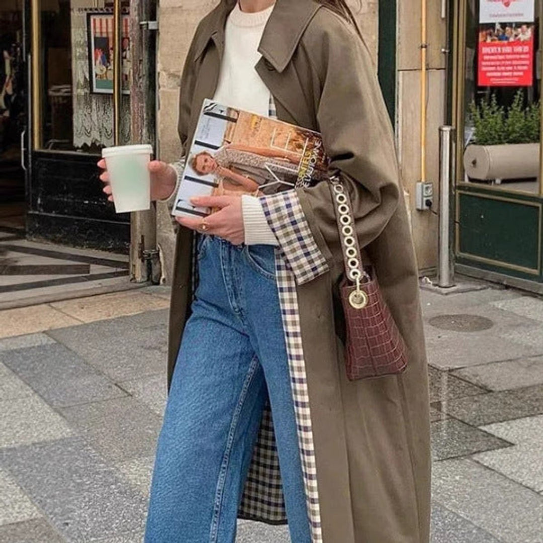 Women's Oversized Plaid-Lined Longline Trench Coat