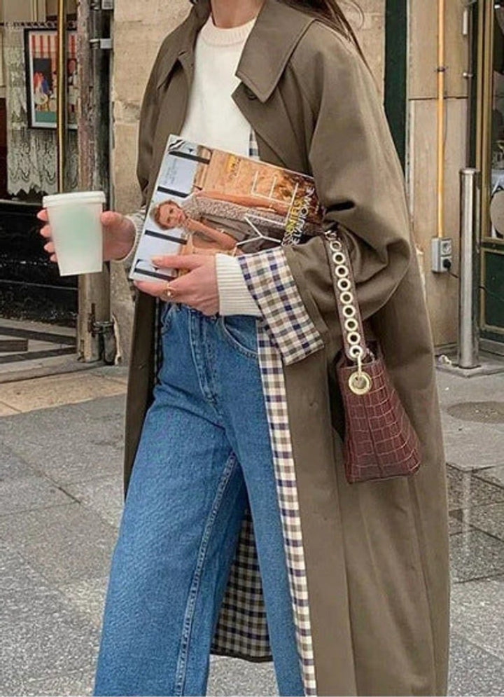 Women's Oversized Plaid-Lined Longline Trench Coat - Khaki