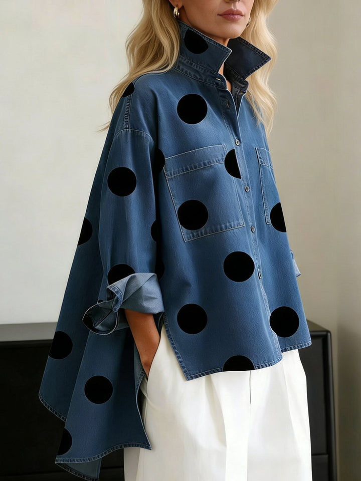 Women's Oversized Polka Dot Denim Button-Down Shirt - Blue