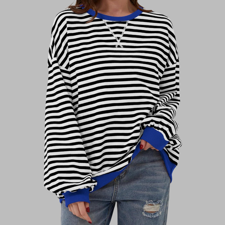 Women's Oversized Striped Crew Neck Long Sleeve Sweatshirt - Black