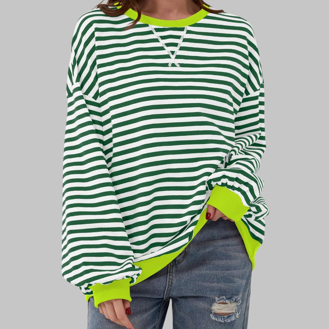 Women's Oversized Striped Crew Neck Long Sleeve Sweatshirt - Dark Green