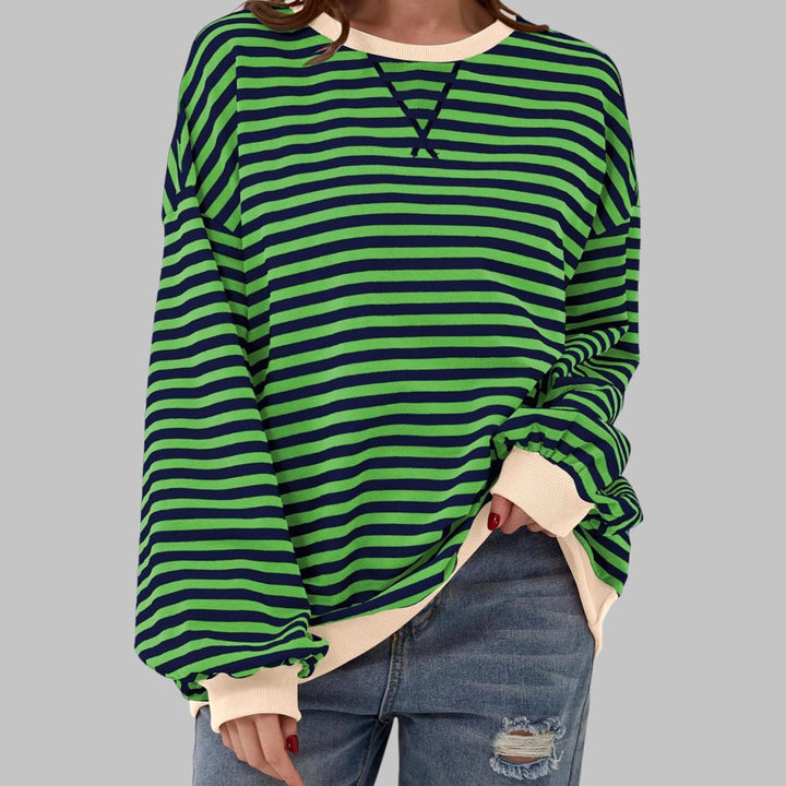 Women's Oversized Striped Crew Neck Long Sleeve Sweatshirt - Green