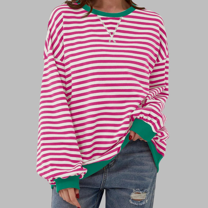 Women's Oversized Striped Crew Neck Long Sleeve Sweatshirt - Rose Red