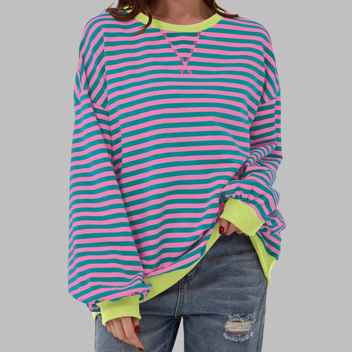 Women's Oversized Striped Crew Neck Long Sleeve Sweatshirt - Pink