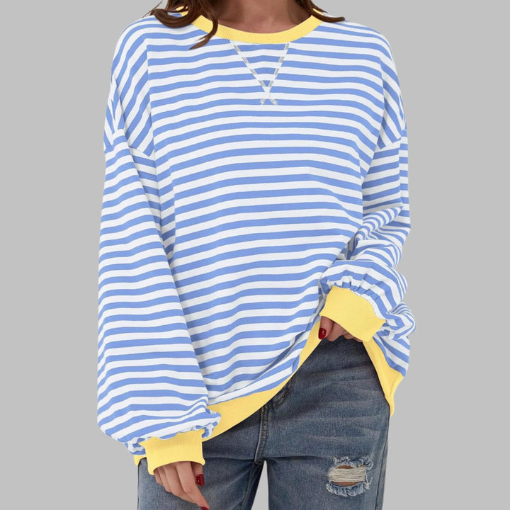 Women's Oversized Striped Crew Neck Long Sleeve Sweatshirt - Sky Blue