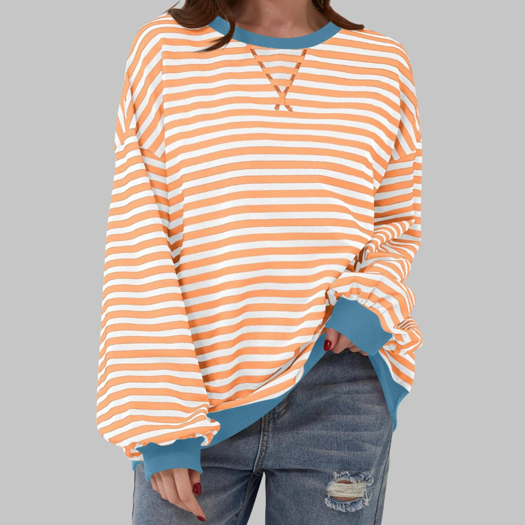 Women's Oversized Striped Crew Neck Long Sleeve Sweatshirt - Orange