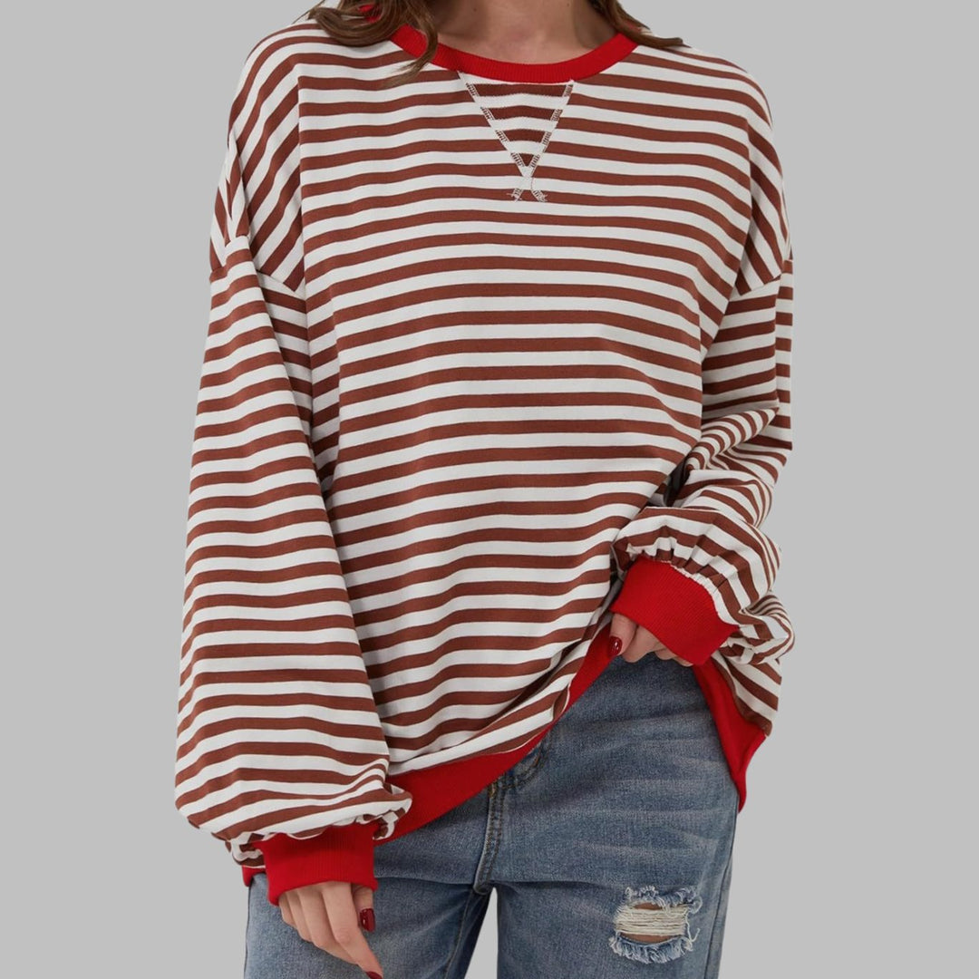 Women's Oversized Striped Crew Neck Long Sleeve Sweatshirt - Red
