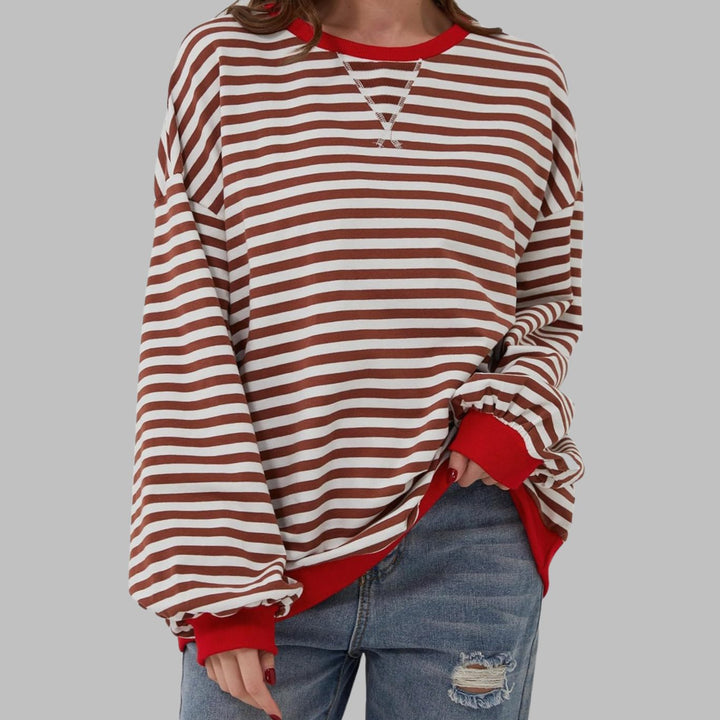 Women's Oversized Striped Crew Neck Long Sleeve Sweatshirt - Red