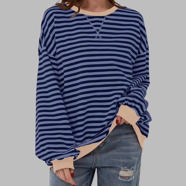 Women's Oversized Striped Crew Neck Long Sleeve Sweatshirt - Blue
