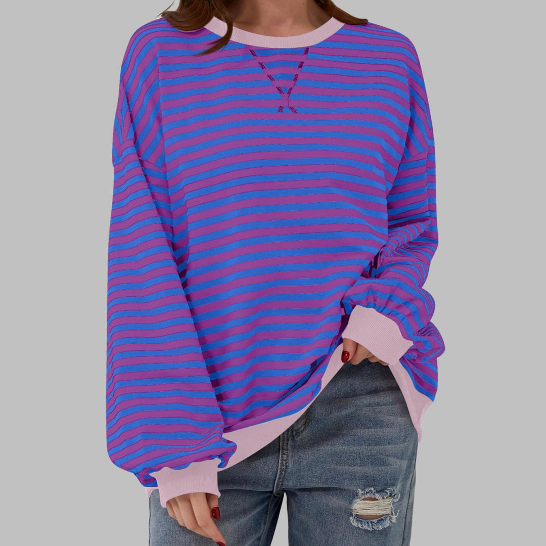Women's Oversized Striped Crew Neck Long Sleeve Sweatshirt - Purple