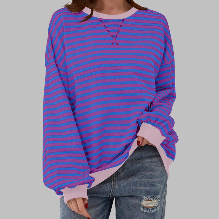 Women's Oversized Striped Crew Neck Long Sleeve Sweatshirt - Purple