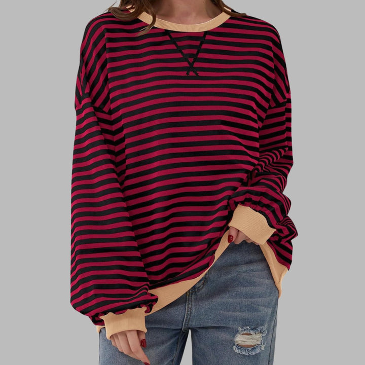Women's Oversized Striped Crew Neck Long Sleeve Sweatshirt - Burgundy