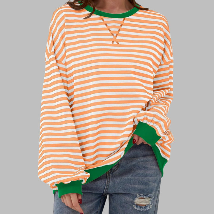 Women's Oversized Striped Crew Neck Long Sleeve Sweatshirt - Light Orange
