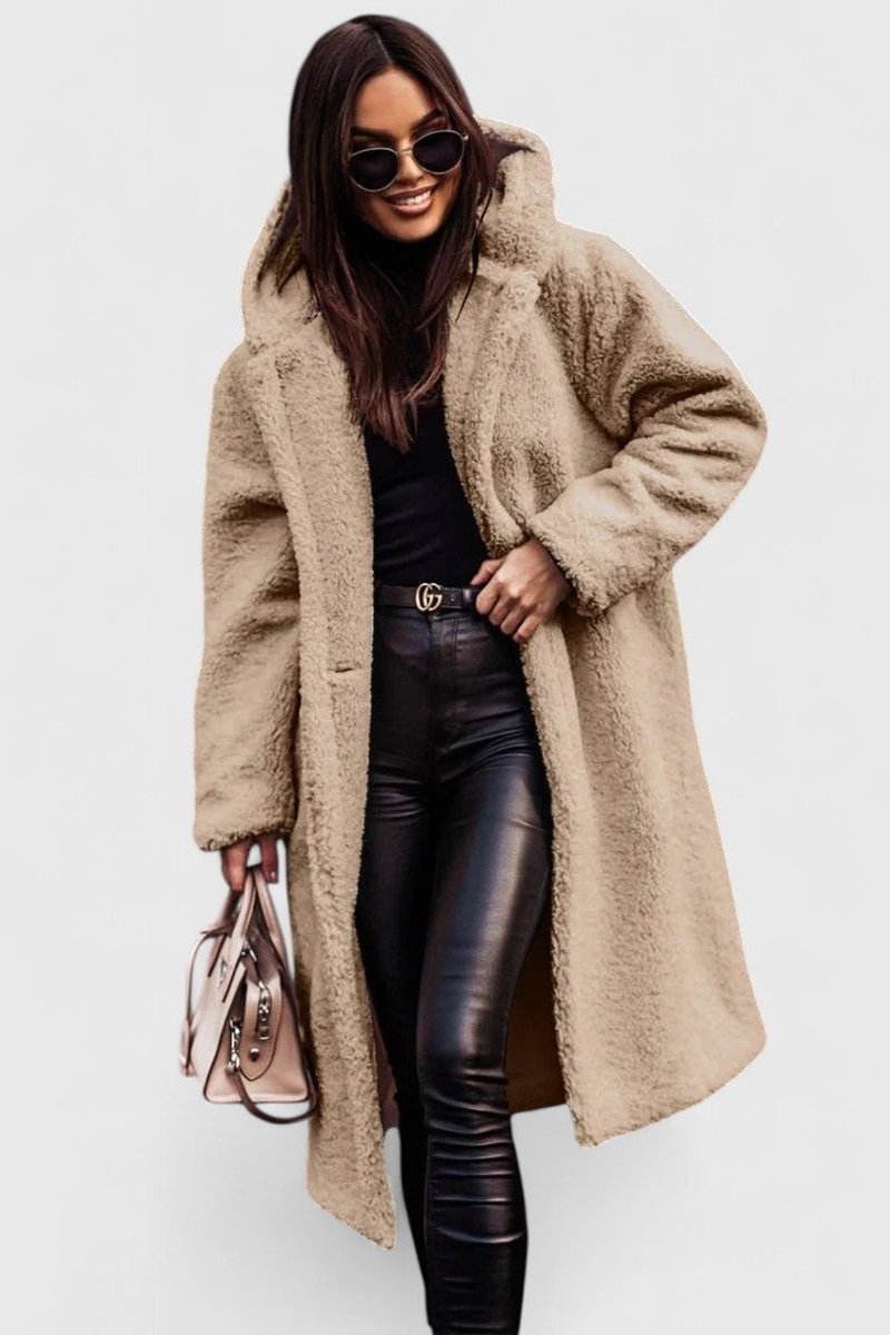 Women's Oversized Teddy Faux Fur Long Winter Jacket - Beige