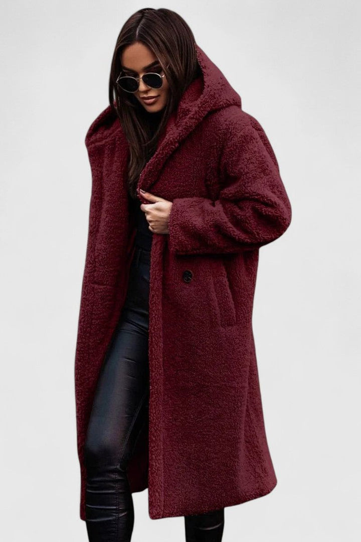 Women's Oversized Teddy Faux Fur Long Winter Jacket - Red