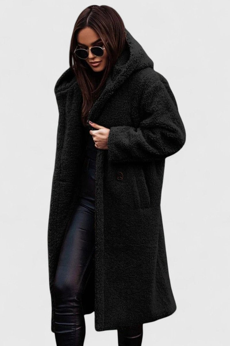 Women's Oversized Teddy Faux Fur Long Winter Jacket - Black