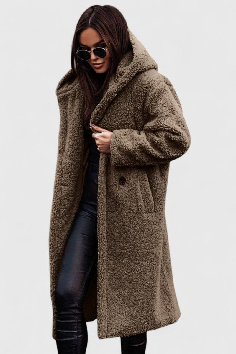 Women's Oversized Teddy Faux Fur Long Winter Jacket - Khaki